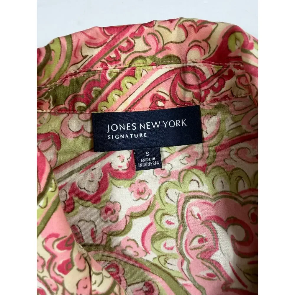 Jones New York Signature Pink Green Paisley Tie Front Cotton Blouse Size Small